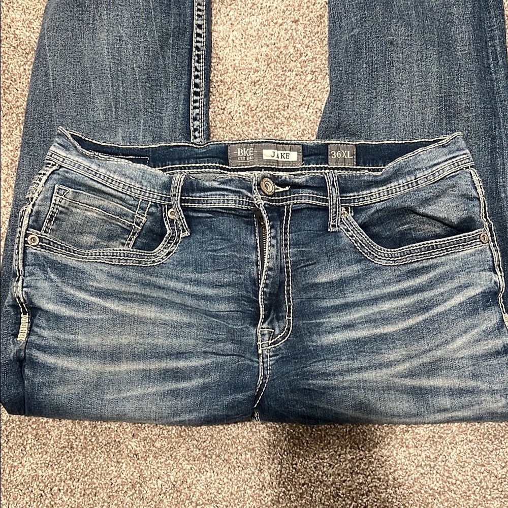 BKE Blue Relaxed Jeans with Vintage Wash and Whiskering